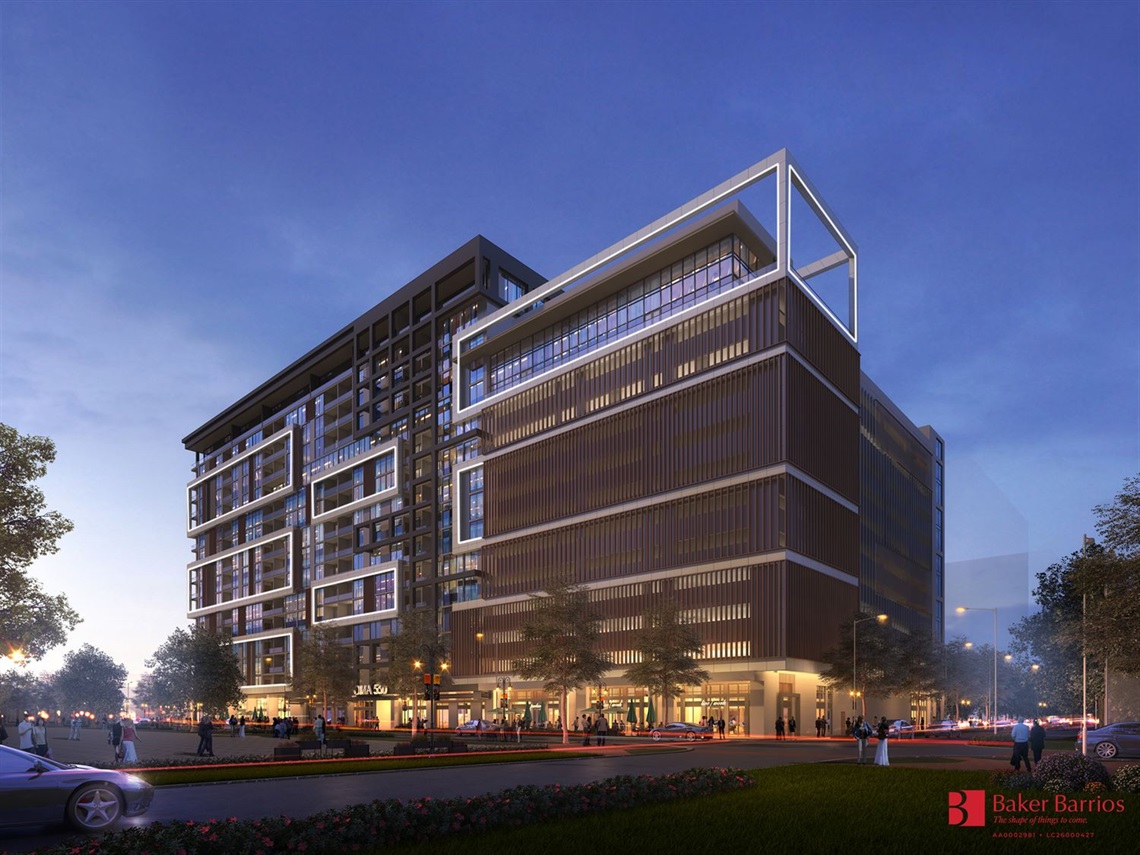 Rendering of a multi‑story commercial and office building with illuminated glass windows and modern architectural lines at dusk.