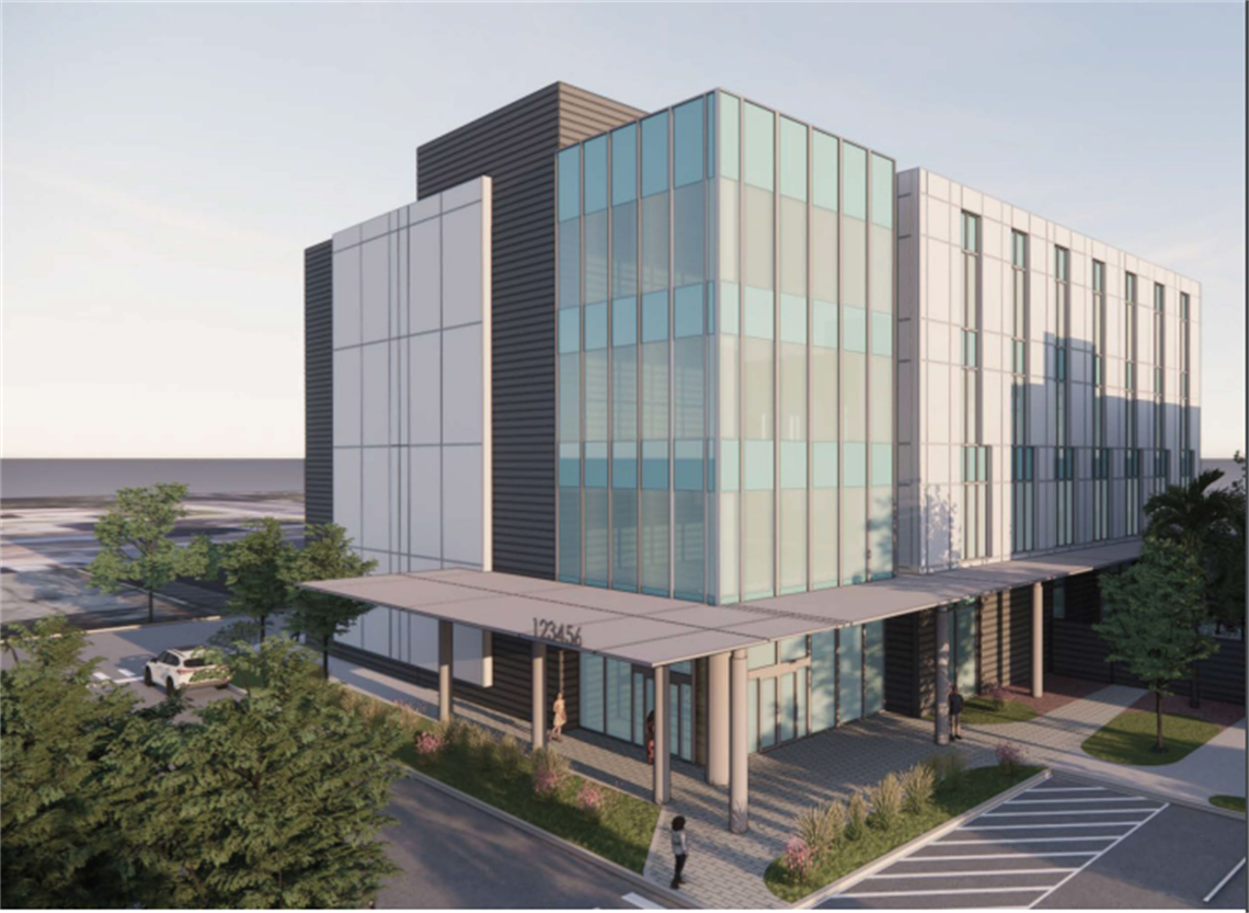 Rendering of a mid‑rise office building with glass exterior walls and a street‑level entrance covered by an awning.