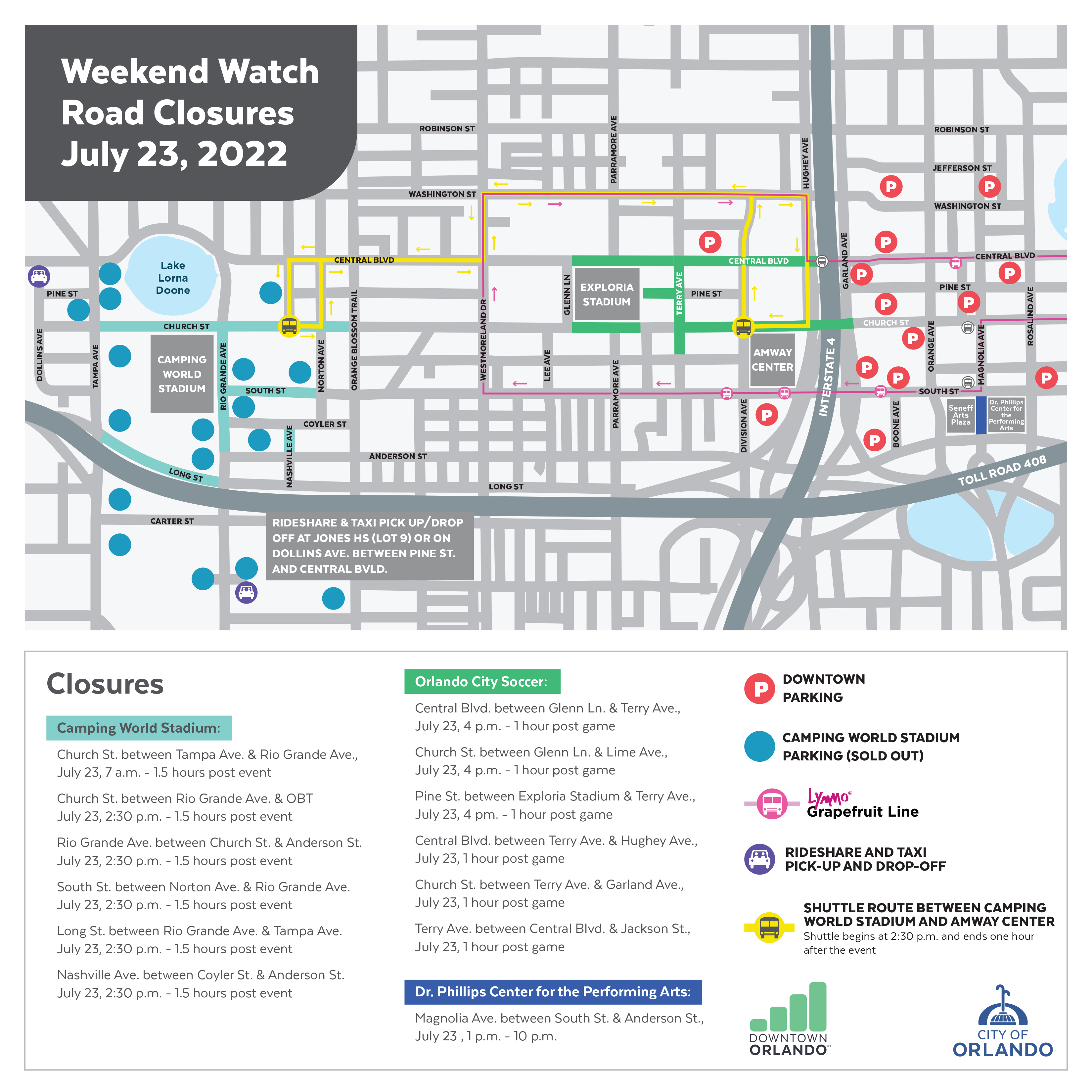 Downtown Orlando Map with Parking and Road Closures