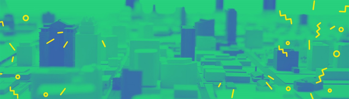 Green color‑tinted overhead view of a small-scale city model with blocky building shapes, overlaid with yellow graphic doodles such as lines, circles, and zigzags.