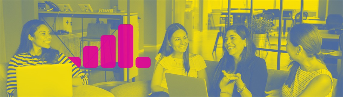 A group of people seated in a modern office lounge area, holding laptops and having a discussion. The image has a yellow and teal color overlay with a pink downtown Orlando logo in the center. Tables, chairs, and office equipment are visible in the background.